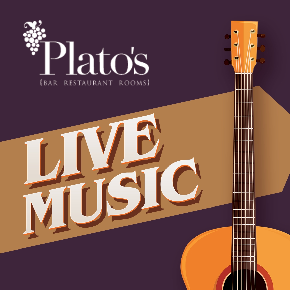 Image with a deep purple background with the platos logo in the top left corner and then a banner with the words "live music" with a cut of image of a clip art guitar in the bottom left corner