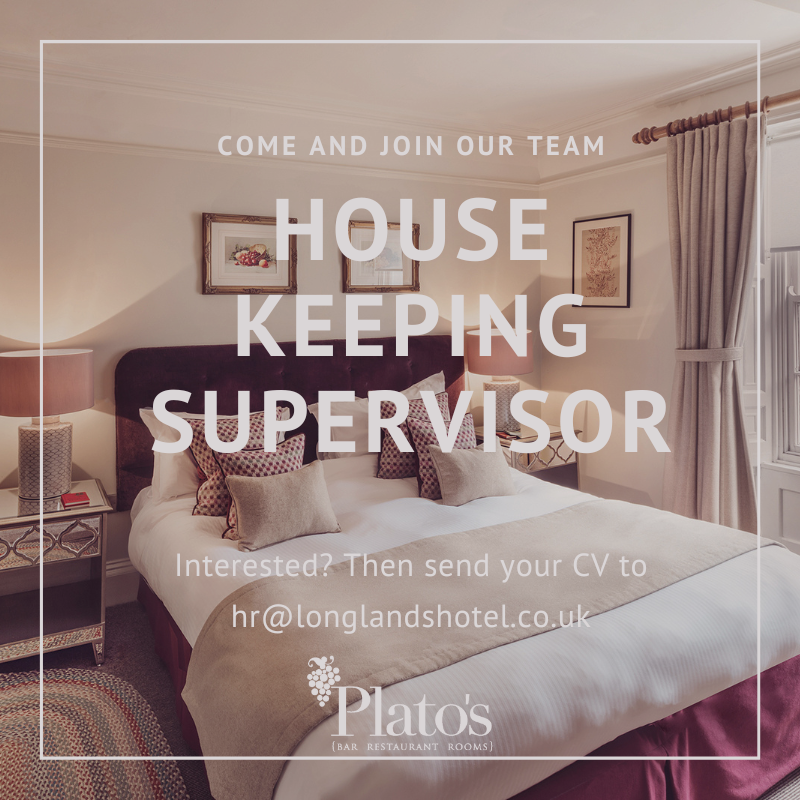 Image of a bedroom from the Plato's hotel with text over the top about a House Keeping Supervisor job vacancy